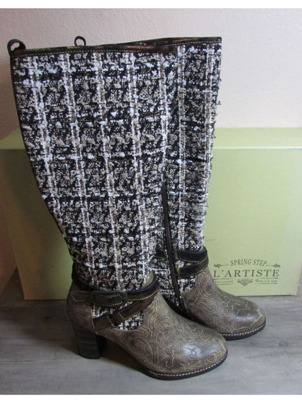 Spring Step L'Artiste Women's 38 (7.5-8) Tweed Tall Boots Brown Multi